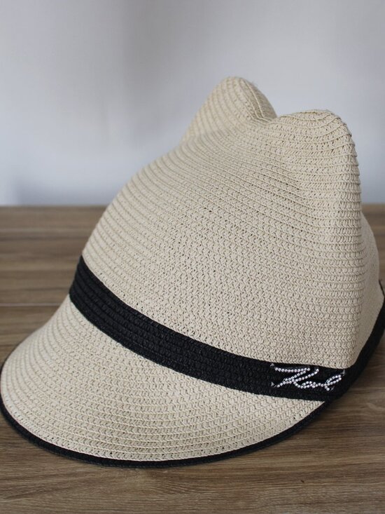 Karl Lagerfeld Cat Ear Beige Straw Visor Hat with Black Band
